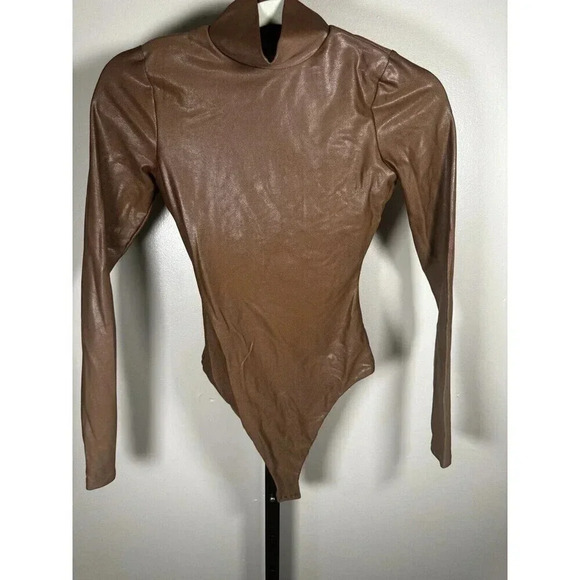 NAKED WARDROBE Bodysuit Womens Long Sleeve Brown Mock Neck XS - Picture 1 of 7